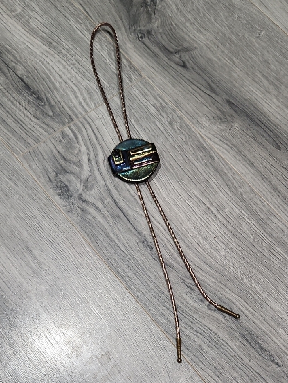 Handcrafted Iridescent Green and Blue Round Bolo Tie Necklace